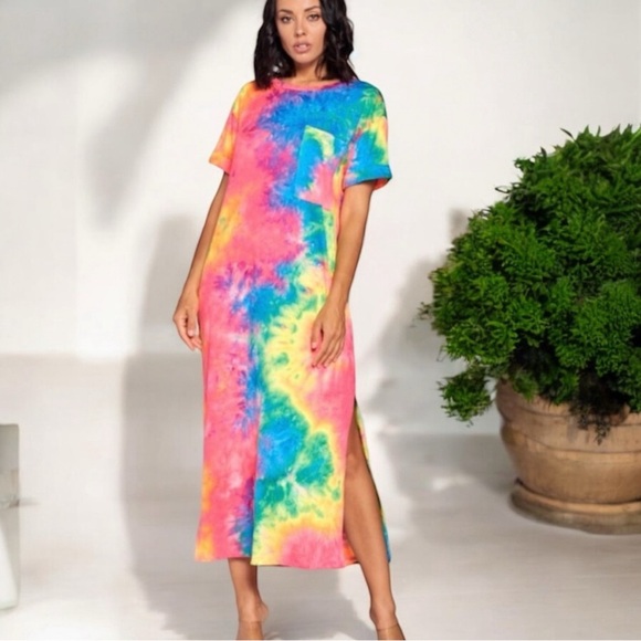 Win Win Fun In The Sun Tie Dye Long Tee Shirt Cover-Up Dress - Picture 12 of 16